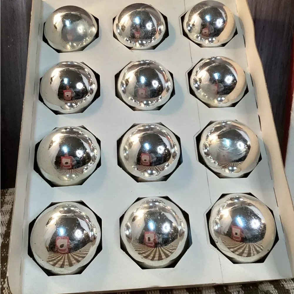 Vintage Silver Holiday Glass Christmas Ornaments Franke Sons Made USA Boxed Set